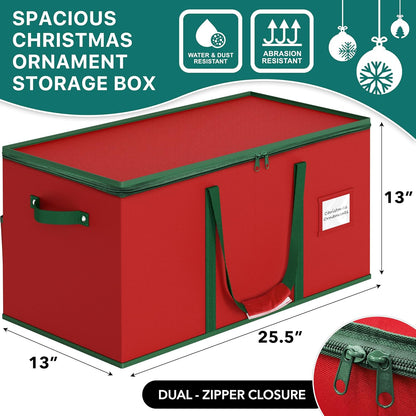 Simple Houseware Heavy-Duty Christmas Ornament Storage Box - Holds 128 Ornaments, Adjustable Dividers, Red