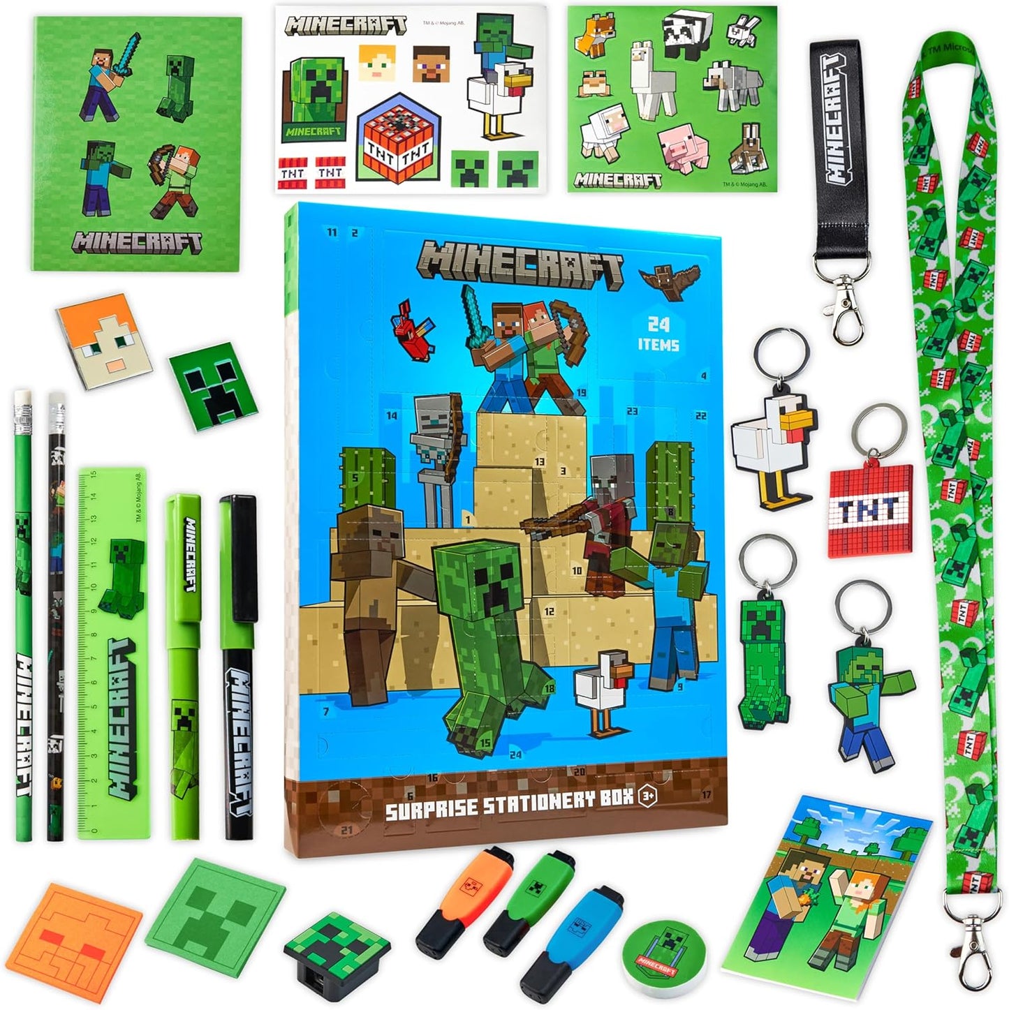Minecraft Advent Calendar 2025 - 24 Fun Items Including Keychains, Pens & Notebooks | Blue/Green Gamer Gift