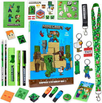 Minecraft Advent Calendar 2025 - 24 Fun Items Including Keychains, Pens & Notebooks | Blue/Green Gamer Gift