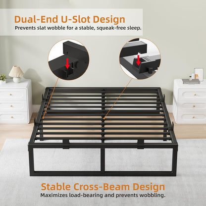 Skiennix Queen Bed Frame - 14 Inch Metal Platform with Squeak-Free Design & Heavy-Duty Support | Black
