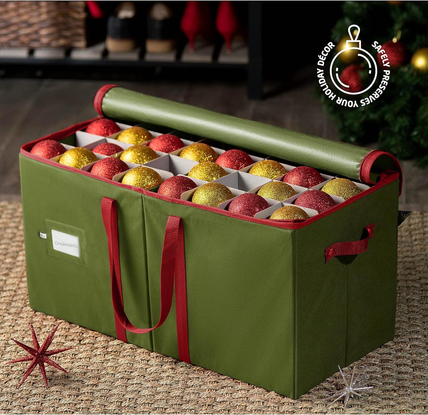 ZOBER Large Christmas Ornament Storage Box - Organize 128 3" Ornaments with Dividers - Durable Green Container with Extra Pockets & Dual Zipper