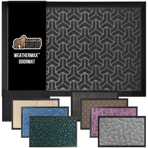 GORILLA GRIP 100% Waterproof All-Season WeatherMAX Doormat, 72x24, US Designed Natural Rubber, Stain and Fade Resistant, Low Profile Indoor Outdoor Door Mats, Easy Clean Patio Mat, Slate Geometric