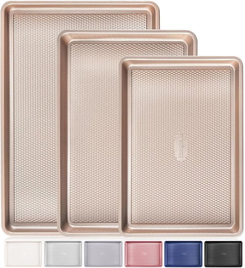 HONGBAKE Nonstick Baking Sheet Pan Set - 3 Heavy-Duty Cookie Sheets in Champagne Gold | Diamond Texture