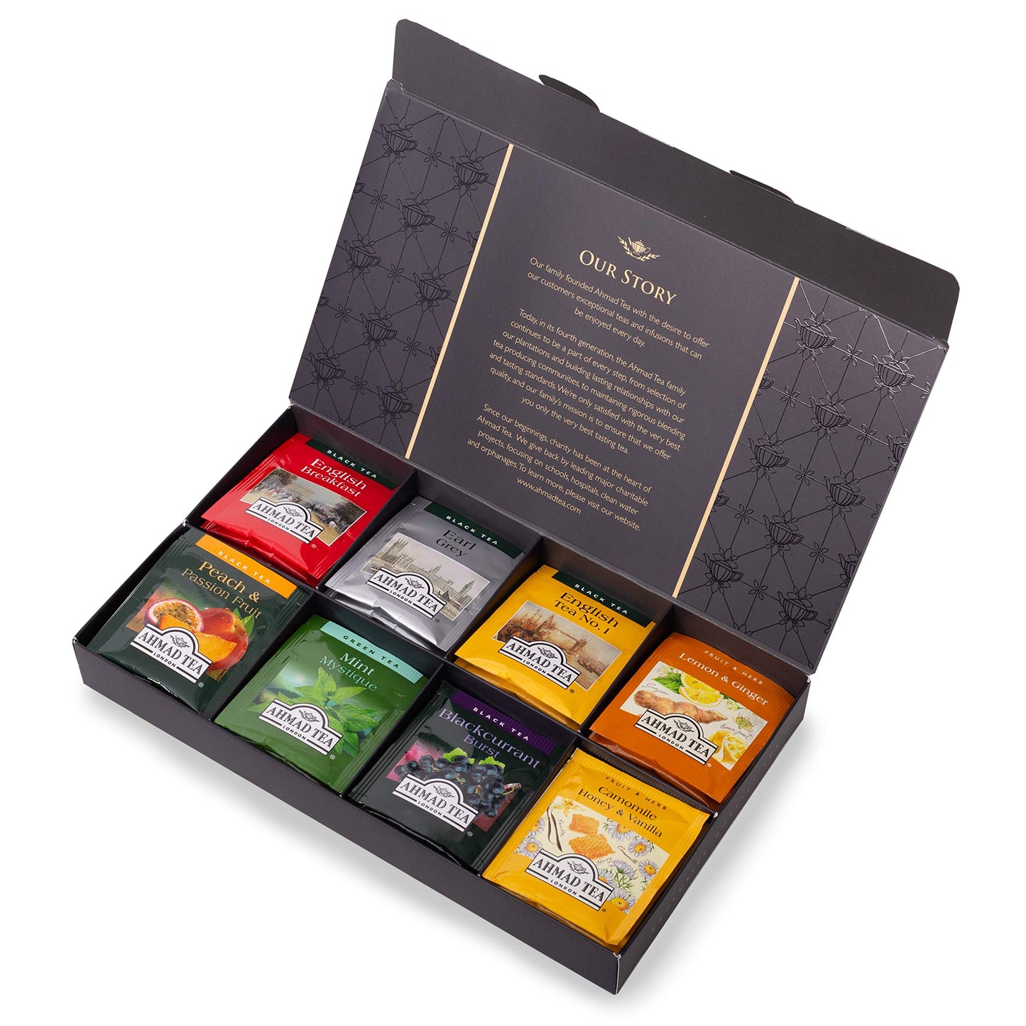 Ahmad Tea Black, Green, and Herbal Teas, Tea Master's Selection Gray Gift Box, Variety of 8 Teas, Teabags 48 ct - Caffeinated, Decaffeinated, and Sugar-Free