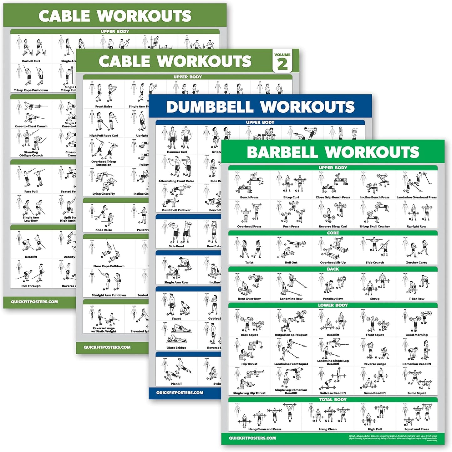 4 Pack - Cable Machine Workout Posters | Laminated 18" x 24" with Dumbbell & Barbell Exercises