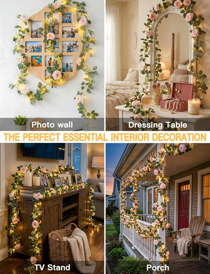 Suddus Flower Garland - Pink Camellia Fairy Lights | 60 LED Battery-Operated Vines with Remote for Indoor Decor