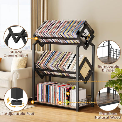 3-Tier Vinyl Record Storage Holder with Dividers — Space-Saving, 450 LP Capacity (Variation: 3-Tier)