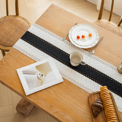 Shadow Black 12x90 In. Farmhouse Table Runner - Boho Bohemian Silk Polyester Cotton, 90" Long