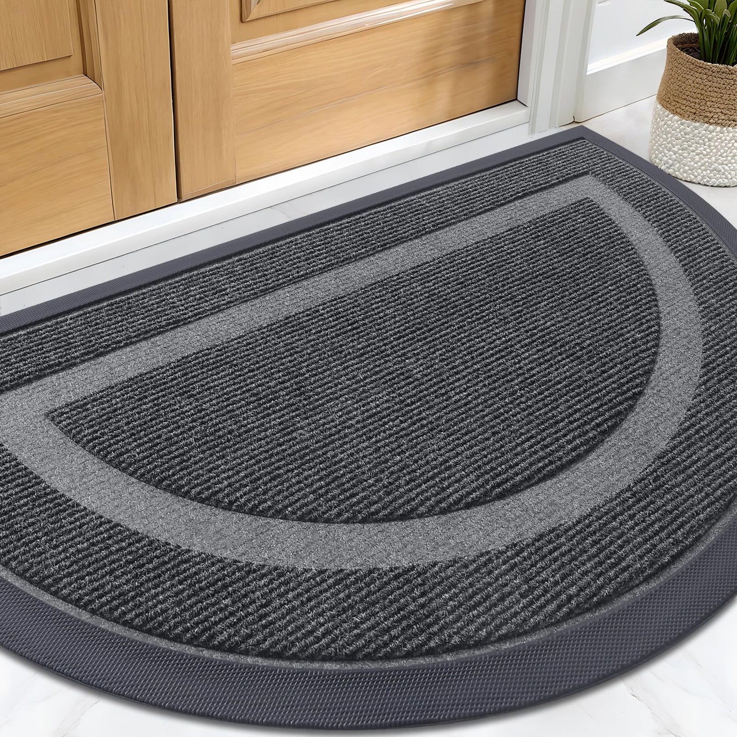 OLANLY Half Circle Door Mat Indoor Outdoor Entrance Welcome, Waterproof All-Season, All-Weather Doormat, Sturdy Natural Rubber, Low Profile, Easy Clean Patio Porch Entryway Mat, 59x34, Grey