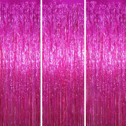 Voircoloria Pink Foil Fringe Backdrop Curtains - 3 Pack Tinsel Streamers for Parties & Events | 3.3x8.2 Feet