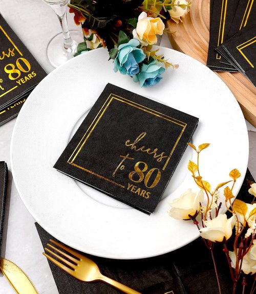 Cheers to Years Cocktail Napkins - 50 Pack 3-Ply Disposable Birthday & Anniversary Napkins | Black & Gold 5x5 Inches