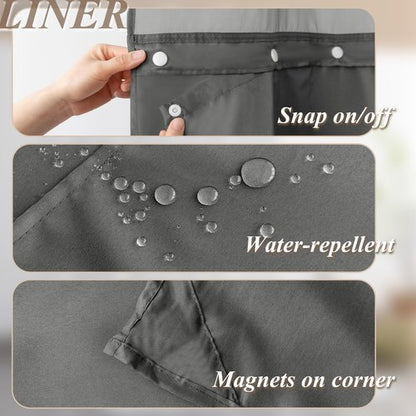 Barossa Design No Hook Shower Curtain Set with Rugs - 2 Pcs Bathroom Rugs and Shower Curtain Sets with Snap-in Liner, Hotel Style Bathroom Accessories, Grey
