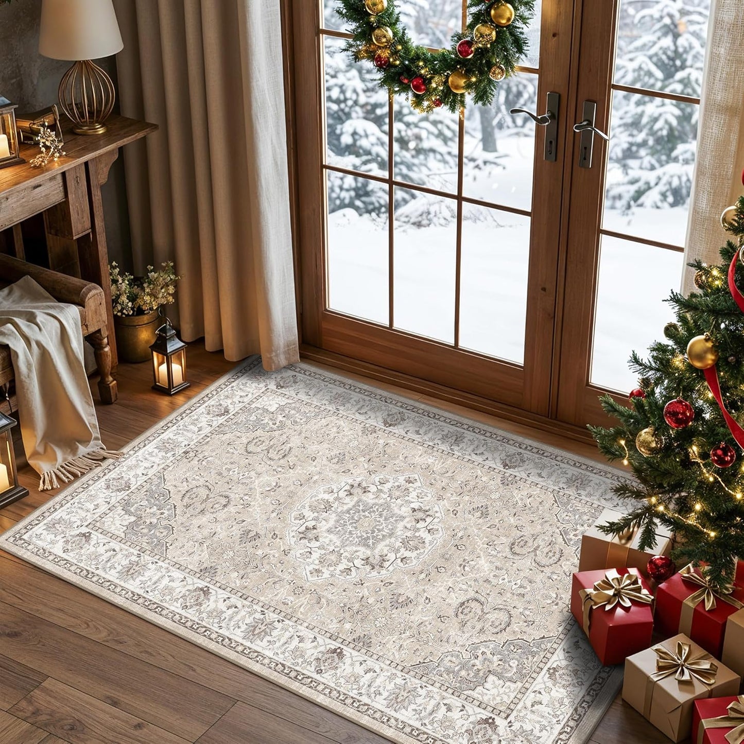 Skiennix Washable 3x4 Floor Mats - Non-Slip Water-Resistant Area Rug for Kitchen & Bathroom | Beige
