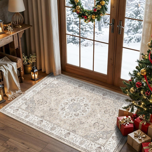 Skiennix Washable 3x4 Floor Mats - Non-Slip Water-Resistant Area Rug for Kitchen & Bathroom | Beige