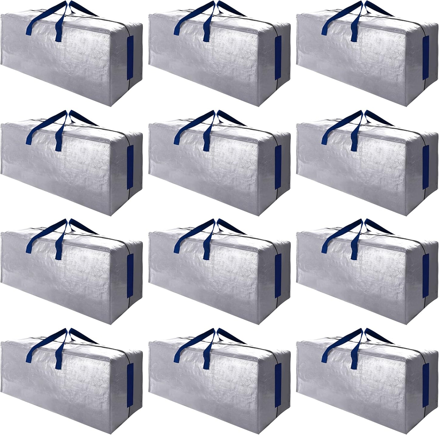 Sweet Dolphin Extra Large Moving Bags - Heavy Duty Storage Totes with Zippers & Handles | 12 Pack, Silver