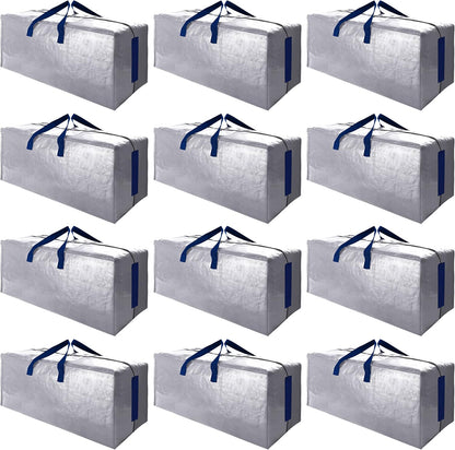 Sweet Dolphin Extra Large Moving Bags - Heavy Duty Storage Totes with Zippers & Handles | 12 Pack, Silver