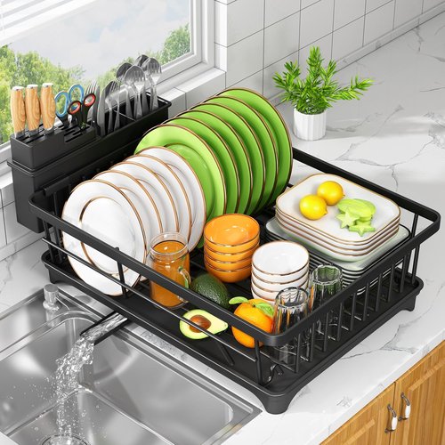 Dish Drying Rack | Compact Rust-Resistant Kitchen Rack with Utensil Holder - Space-Saving Black Design