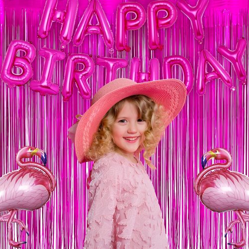 GREATRIL Shiny Fuchsia Tinsel Foil Fringe Curtain - Hot Pink Party Streamers Backdrop | 3.2ft X 8.2ft - 2 Packs
