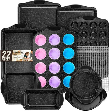 AIVIKI Nonstick Baking Pans Set - 22 Pieces Stackable Bakeware with Silicone Handles | Black