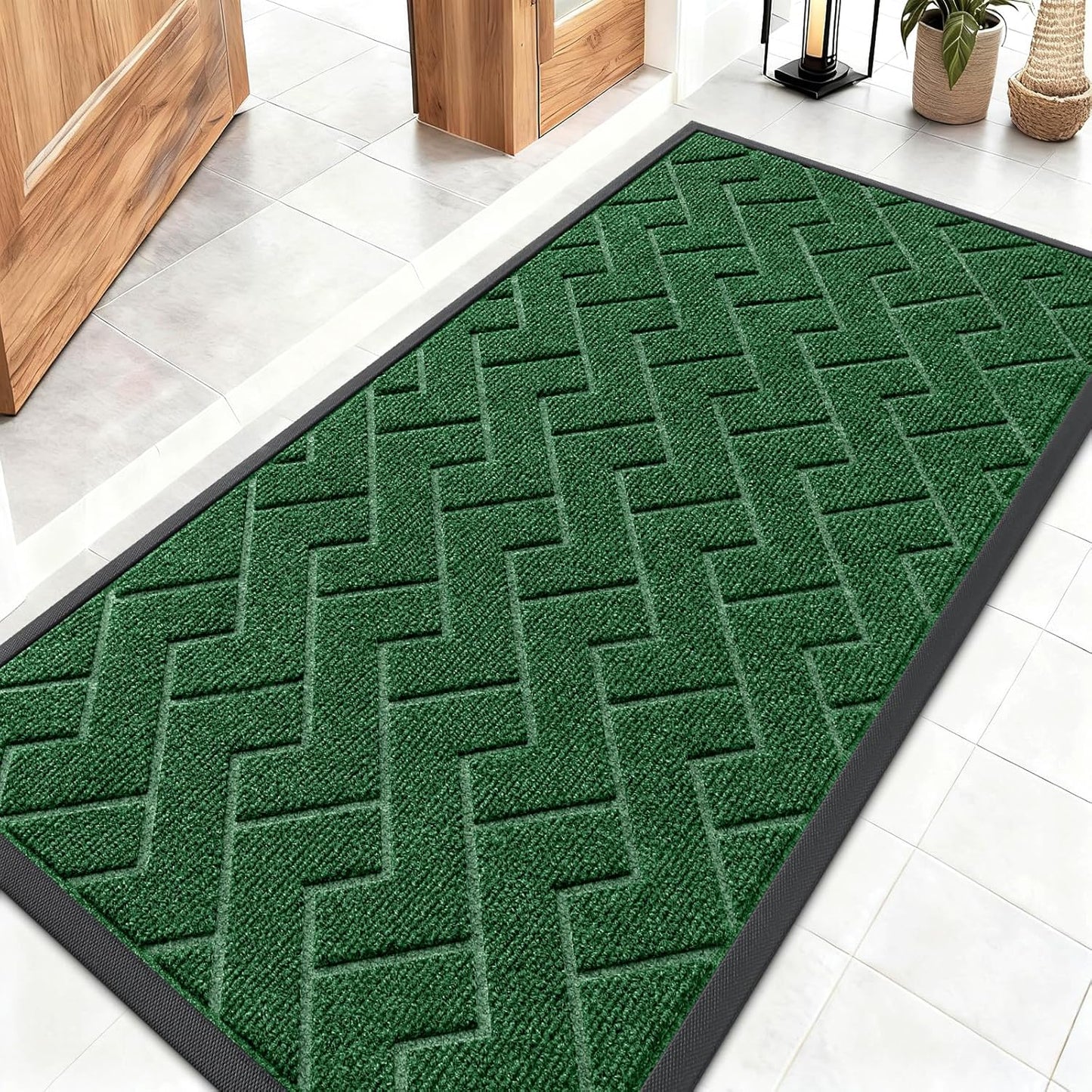 OLANLY Waterproof Front Door Mat - All-Season Indoor/Outdoor Doormat, Sturdy Natural Rubber, Herringbone Brick (Green, 47x23)