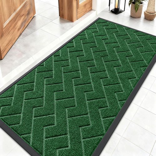 OLANLY Front Door Mat Indoor Outdoor Entrance, Waterproof All-Season, All-Weather Doormat, Sturdy Natural Rubber, Low Profile, Easy Clean Patio Porch Entryway Mat, Herringbone Brick (Green, 47x23)