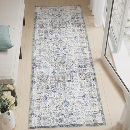 jinchan Runner Rug 3x7 Washable Area Rug Soft Indoor Floor Cover Thin Retro Distressed Blue Multi Carpet Floral Print Country Boho Non Slip for Bathroom Kitchen Bedroom Living Room