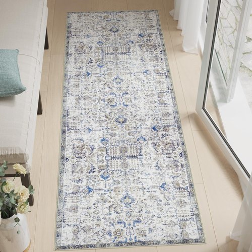 jinchan Runner Rug 3x7 Washable Area Rug Soft Indoor Floor Cover Thin Retro Distressed Blue Multi Carpet Floral Print Country Boho Non Slip for Bathroom Kitchen Bedroom Living Room