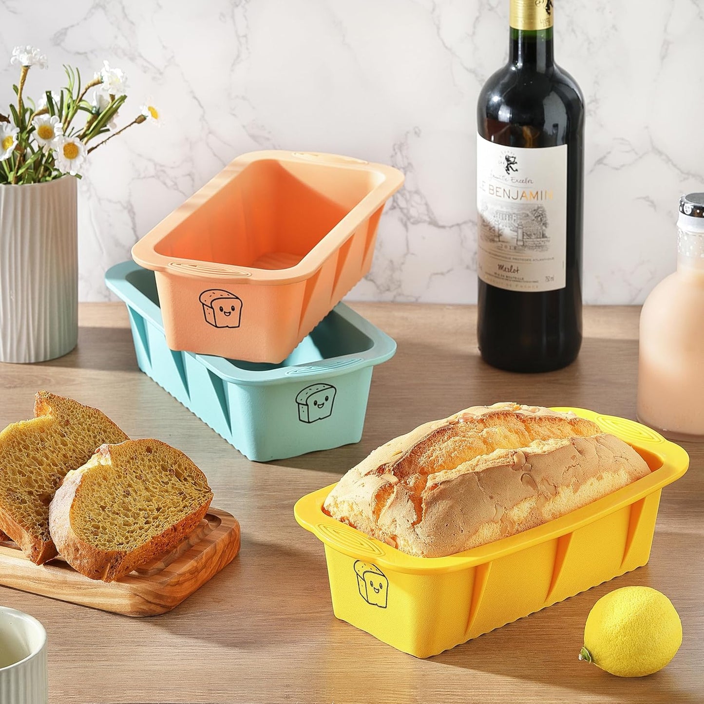 Skiennix Silicone Bread Loaf Pan Set - 3 Non-Stick Baking Pans for Homemade Bread & Cakes | Dishwasher Safe, Nesting Design