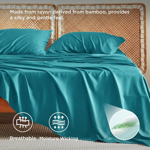 Bedsure Queen Sheet Set - Cooling Rayon Bamboo Sheets | Breathable, Soft & Deep Pocket Up to 16 Inches - Turquoise