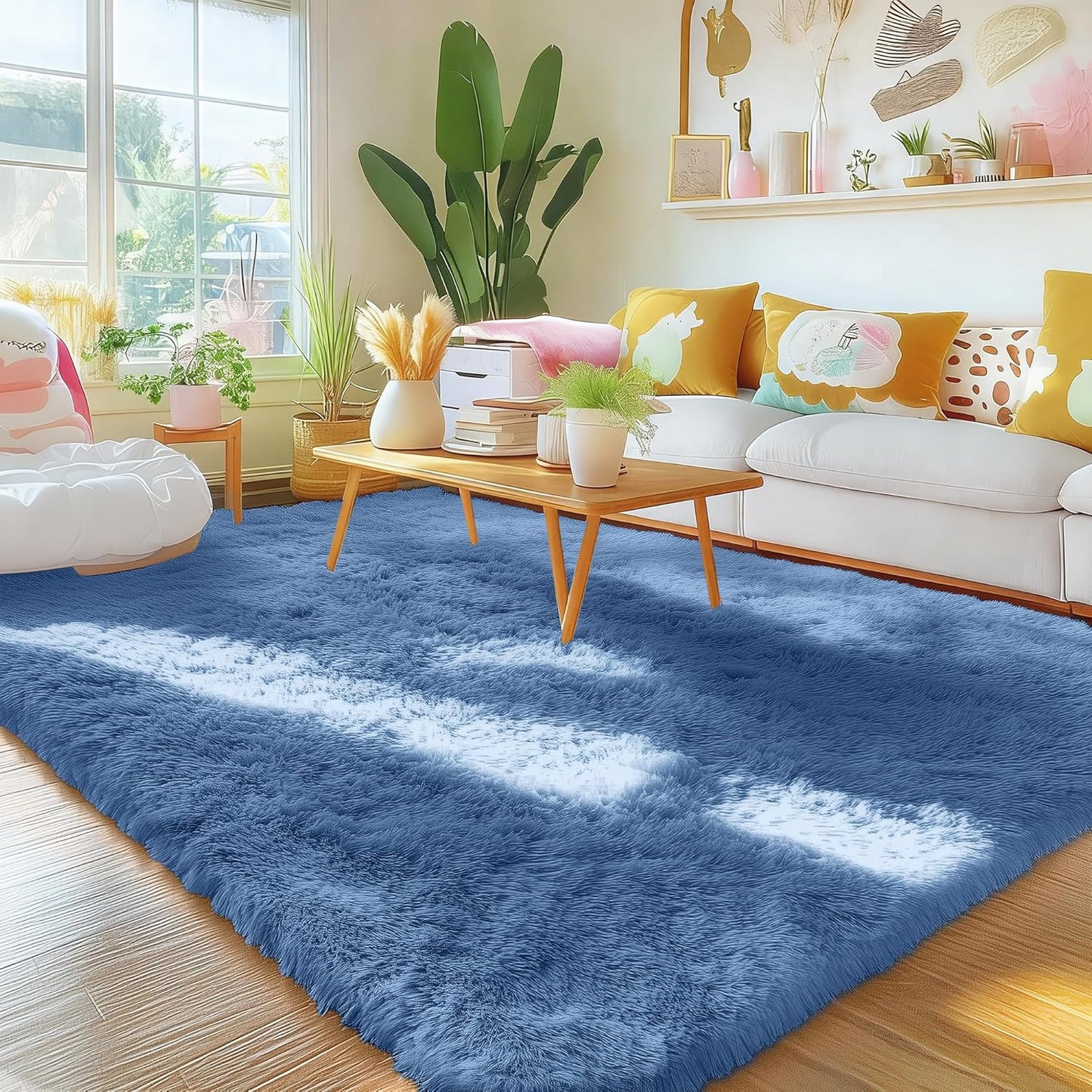 OLANLY Area Rug - Soft Fluffy Shaggy Design - Machine Washable 4x5.9 ft - Ideal for Living Room, Bedroom, Nursery, Blue