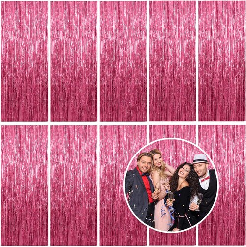 Foil Curtain Backdrop by [Brand Name] - Pink Metallic Tinsel Fringe for Parties & Events | 10 Pack