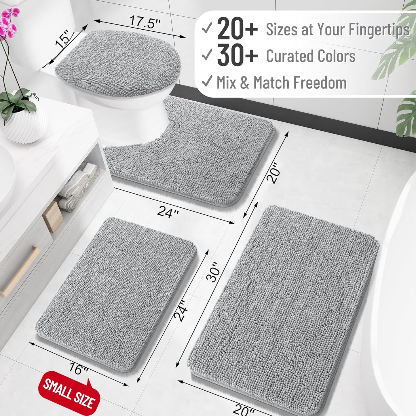OLANLY Bathroom Rugs - Extra Soft Chenille Bath Mats with Quick Dry Rubber Backing | 32x20, Light Grey