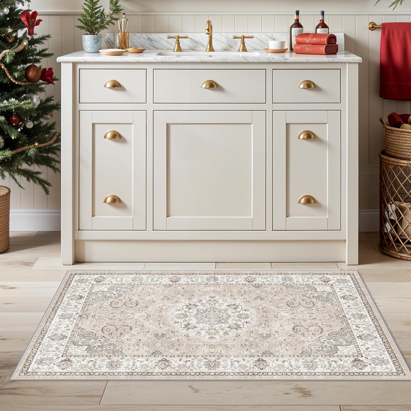 Regine Switzerland Washable 2x3 Entryway Area Rug - Soft Vintage Non-Slip Indoor Carpet in Beige