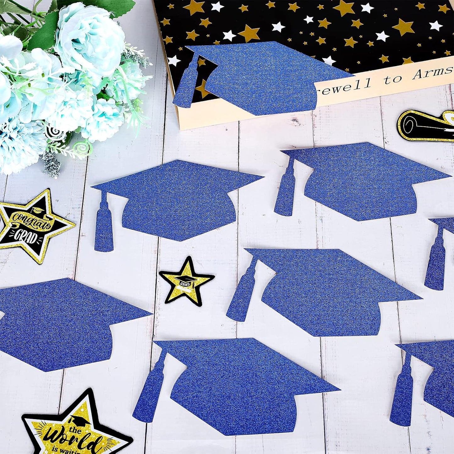 Whaline Graduation Cap Cutouts - Glitter Blue Confetti with 100 Glue Points | 50 Pcs, 5.7 Inch