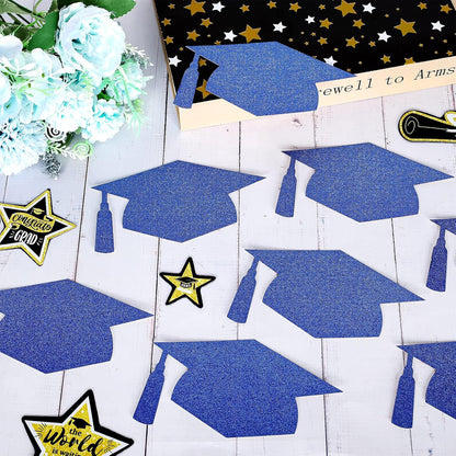 Whaline Graduation Cap Cutouts - Glitter Blue Confetti with 100 Glue Points | 50 Pcs, 5.7 Inch