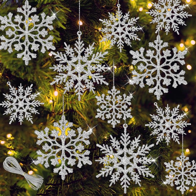 36Pcs Silver Glitter Snowflake Ornaments - 2 Sizes, 2 Patterns with Hanging Rope, Christmas Tree Decorations