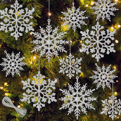 36Pcs Silver Glitter Snowflake Ornaments - 2 Sizes, 2 Patterns with Hanging Rope, Christmas Tree Decorations