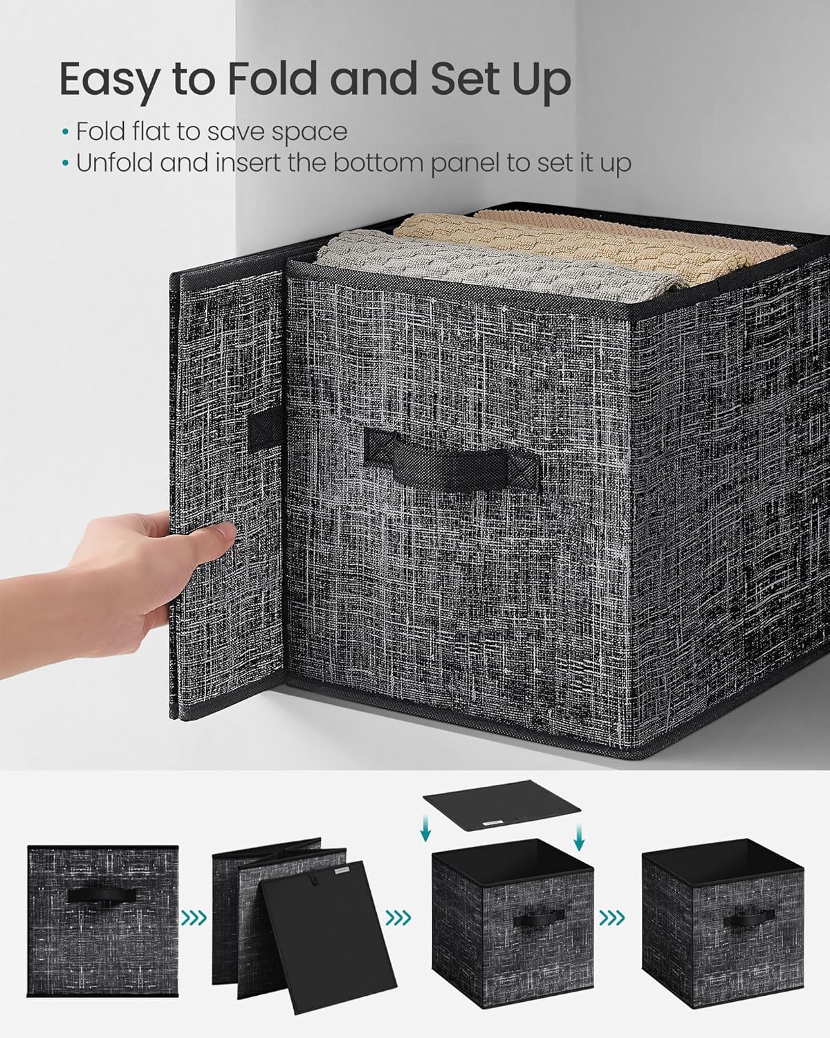 SONGMICS Storage Cubes - Foldable Non-Woven Fabric Bins with Double Handles - Set of 10, Ink Black, 10.2 x 10.2 x 11 Inches