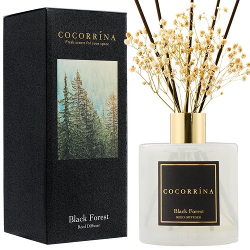COCORRÍNA Reed Diffuser - Black Forest 17 Fl.oz Reed Diffuser with 8 Sticks Scented Diffuser with Preserved Flowers for Bathroom Home Decor