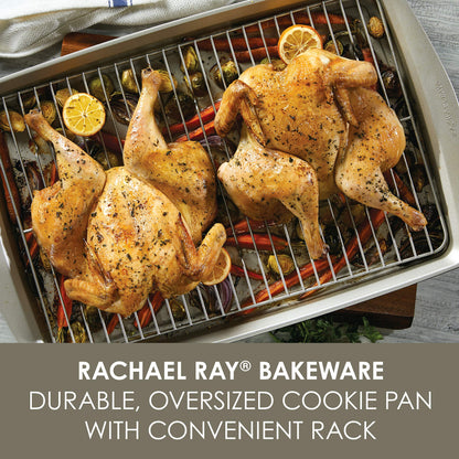 Rachael Ray Nonstick Bakeware Set without Grips, Nonstick Cookie Sheets / Baking Sheets and Cooling Rack - 2 Piece, Silver