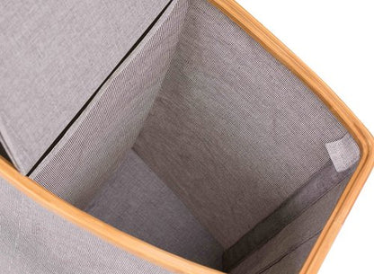 BirdRock Home Bamboo & Canvas Hamper | Double Laundry Basket with Lid | Divided Foldable Hamper | Cut Out Handles