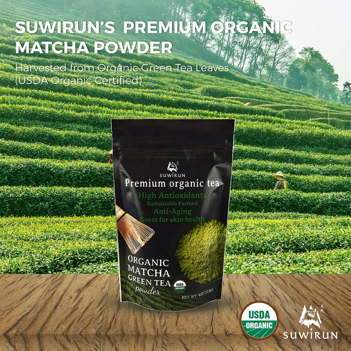 Suwirun Organic Matcha Green Tea Powder 4oz / Japanese Premium Culinary Grade Organic Matcha Powder - Natural Unsweetened Rich Flavor Matcha Powder Boba Tea Powder Latte Smoothie Antioxidants - 1 Pack