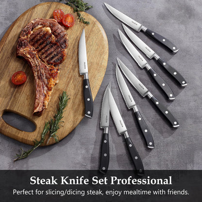 PAUDIN Steak Knives Set of 8, Steak Knives 4.5 Inch, High Carbon Stainless Steel Serrated Steak Knife Set with Full Tang Forged Blade & ABS Handle, Dinner Knives Black