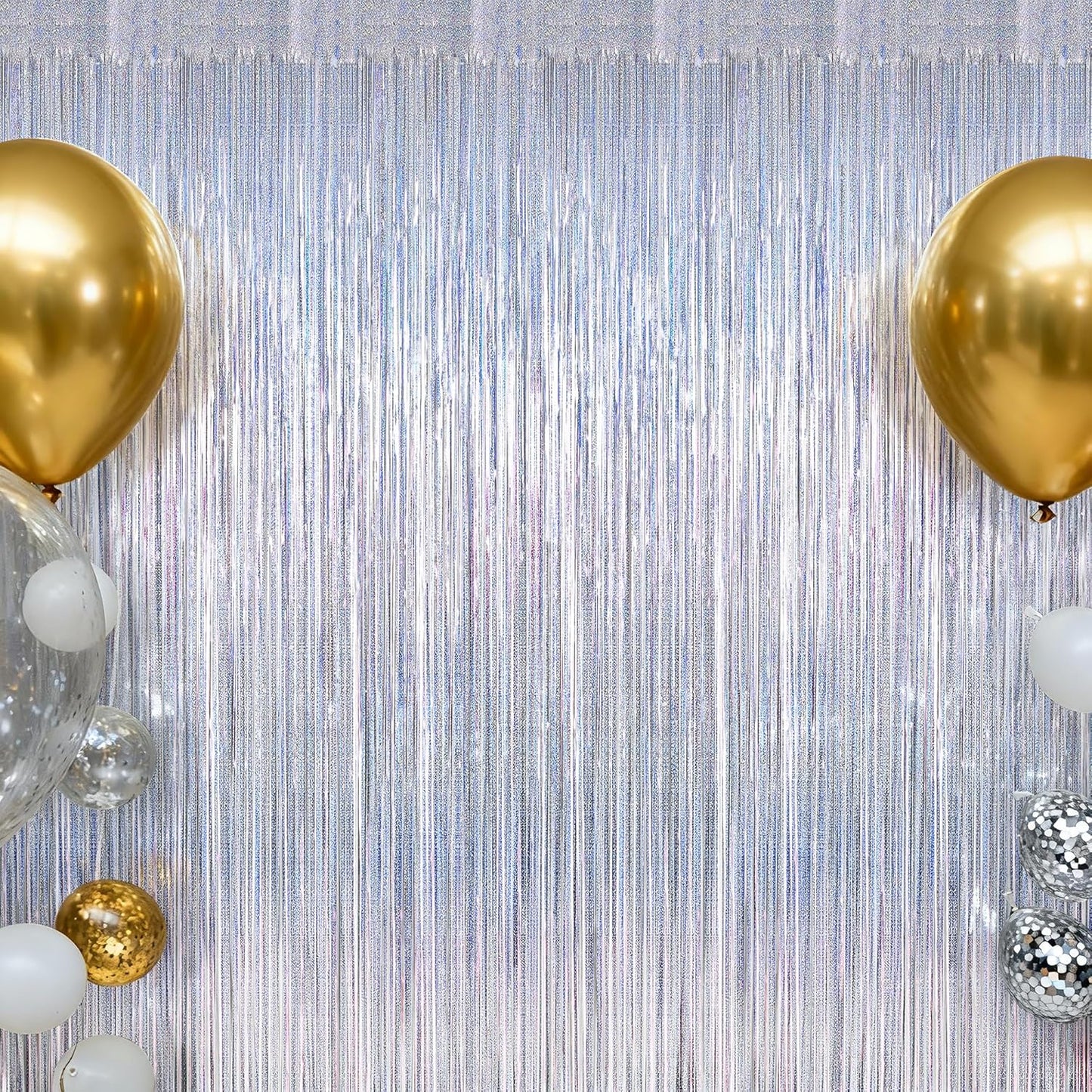 NYE Silver Tinsel Foil Curtain - 4 Pack Glitter Backdrop | 3.28 FT x 7.05 FT Metallic Party Decor