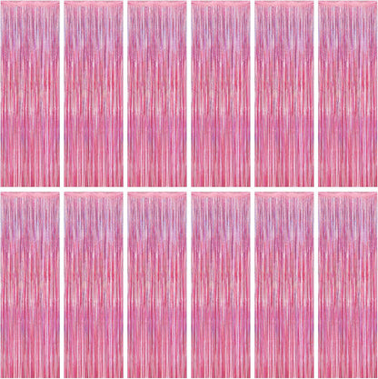Skiennix Pink Backdrop - 12 Pack Metallic Glitter Tinsel Fringe Curtains | 3.28 FT x 7.05 FT Party Decor