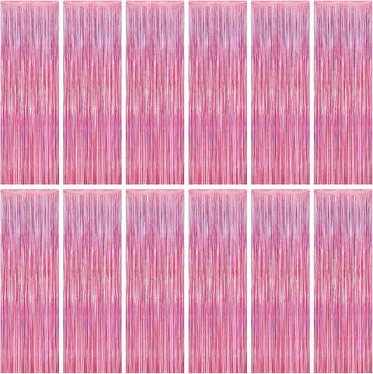 Skiennix Pink Backdrop - 12 Pack Metallic Glitter Tinsel Fringe Curtains | 3.28 FT x 7.05 FT Party Decor