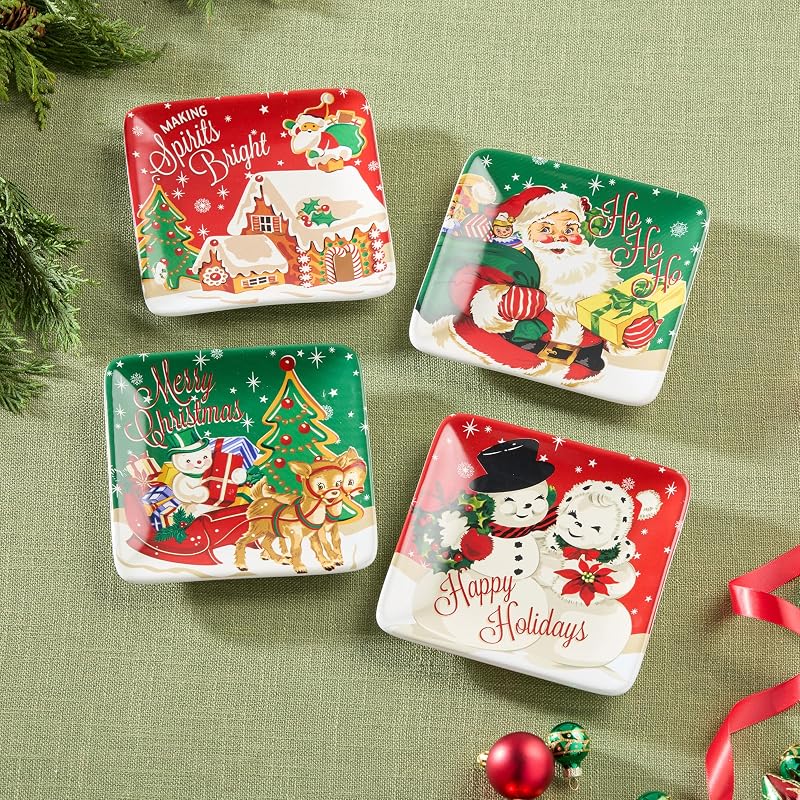 Santa’s Retro Christmas Canapé Plates - Set of 4 6" Assorted Holiday Dinner Plates