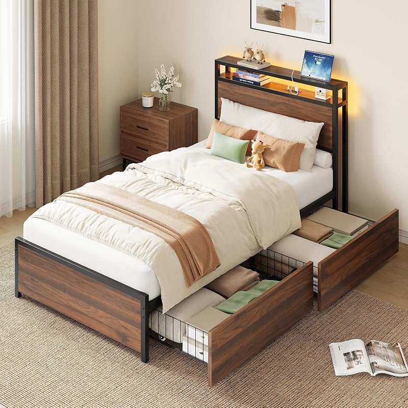 LIKIMIO Walnut Twin XL Bed Frame with DIY Storage Drawers & LED Headboard