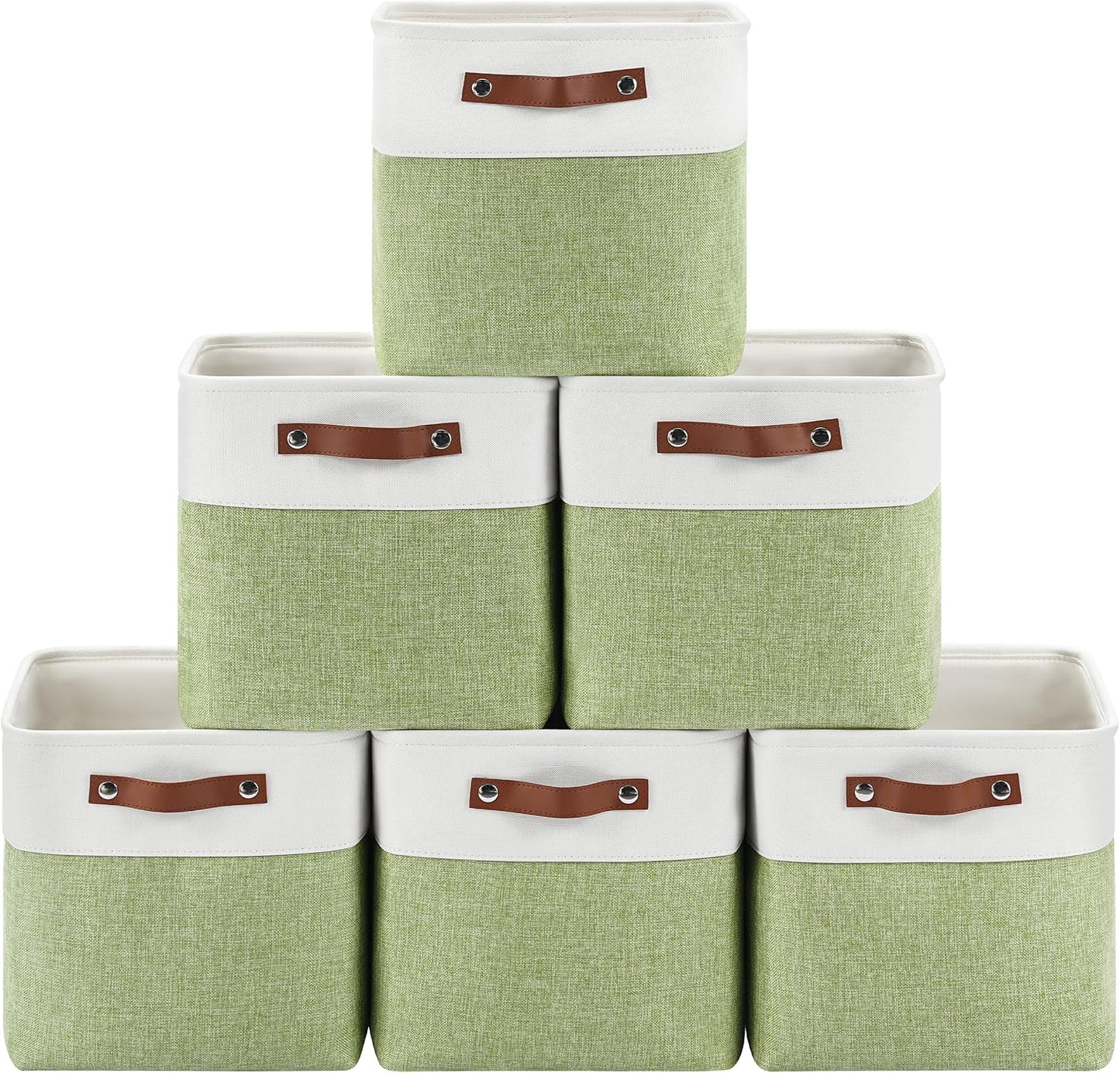 Patvingot Foldable Fabric Storage Cubes - Sturdy 11x11 Inch Organizer Bins with Leather Handles | White/Green 6-Pack
