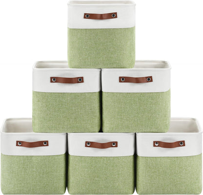 Patvingot Foldable Fabric Storage Cubes - Sturdy 11x11 Inch Organizer Bins with Leather Handles | White/Green 6-Pack